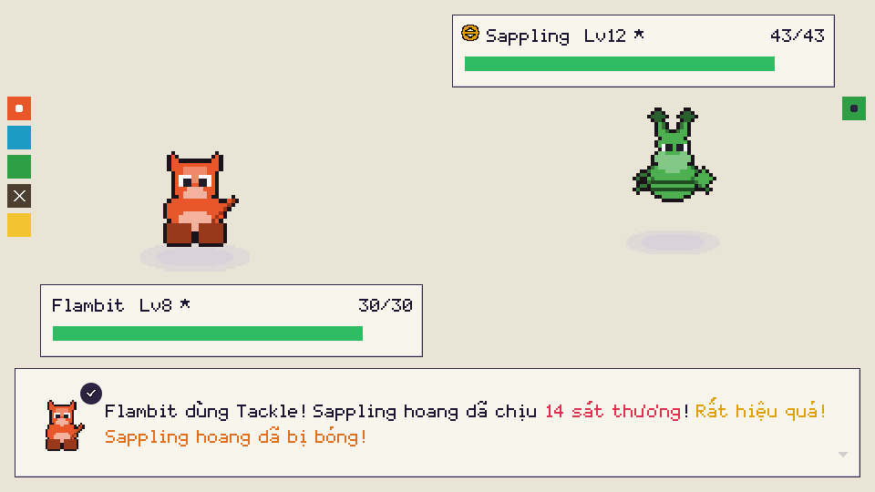 A battle screen: Flambit attacks Sappling, the message line is coloured