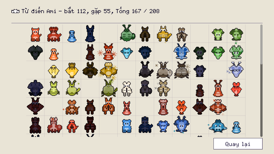 The Ami dex: a grid of 208 slots, some caught, some only seen, some still empty
