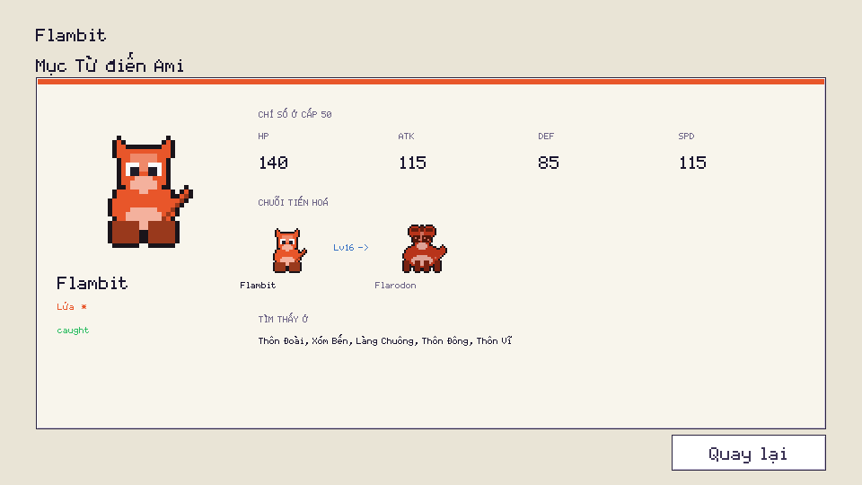 The Flambit entry: stats at level 50, evolution line, where to find it