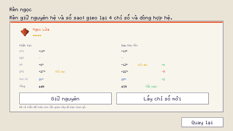 The reforge screen: a Current column and an After column, differences coloured