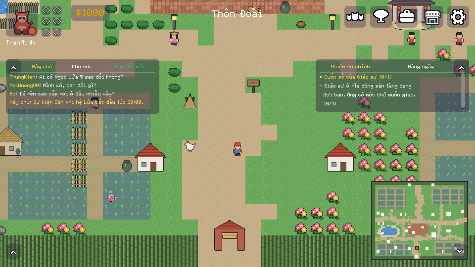 The Hometown map with the server chat panel open on the left