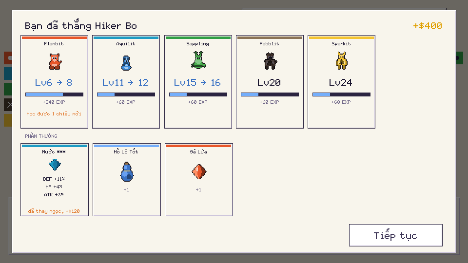 The post-battle panel: level up, EXP bar, rewards